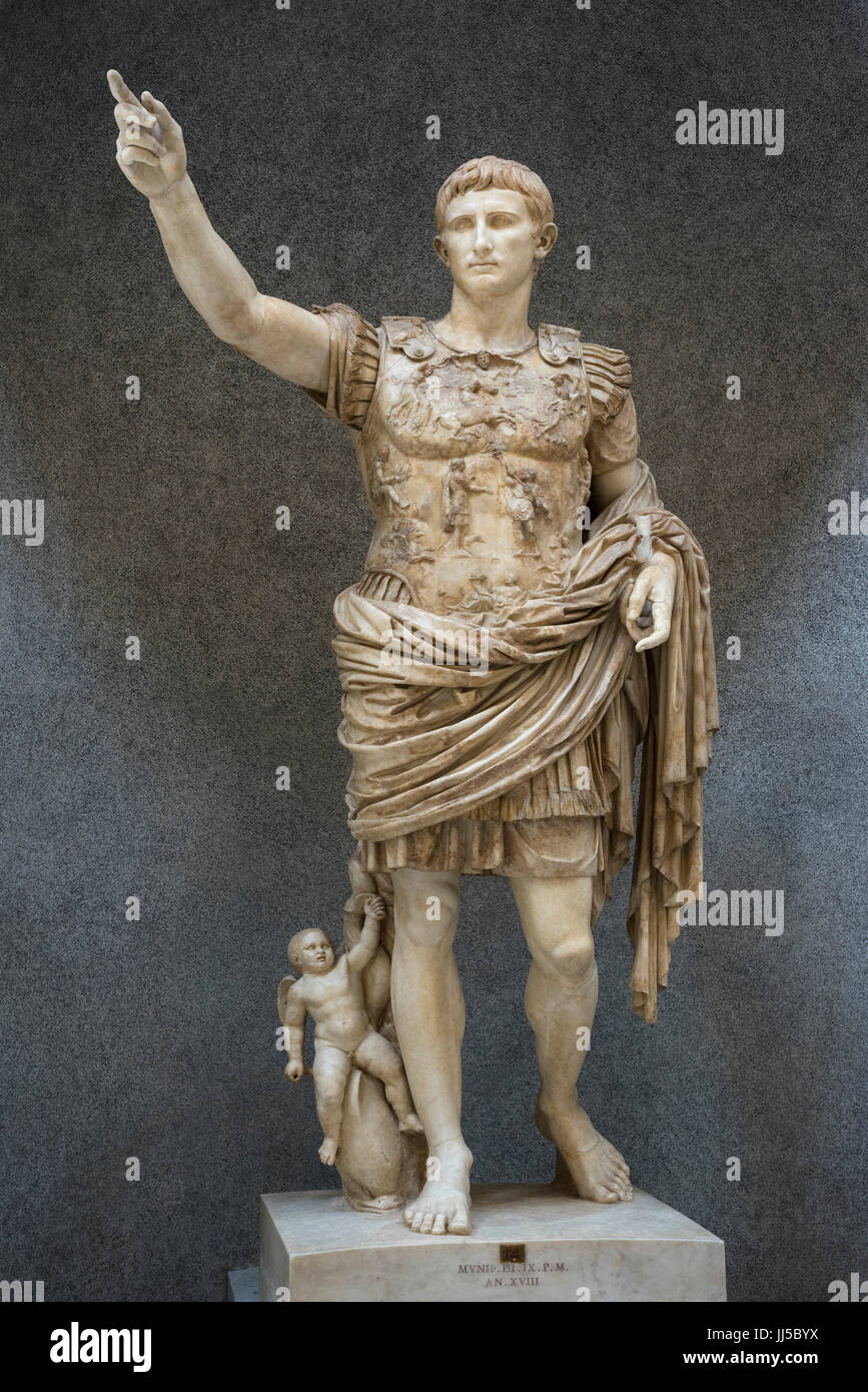 Rome. Italy. Augustus of Prima Porta, marble statue of Roman Emperor Augustus (Octavian / Ottaviano), Braccio Nuovo, Vatican Museums. Musei Vaticani. Stock Photo