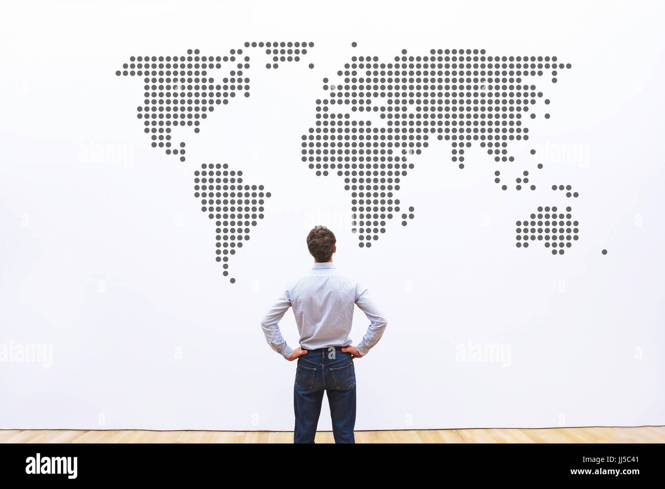 business worldwide, international company, businessman looking ar the world map with copyspace Stock Photo