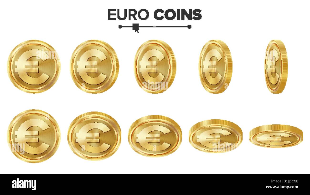 Euro 3D Gold Coins Vector Set. Realistic Illustration. Flip Different ...
