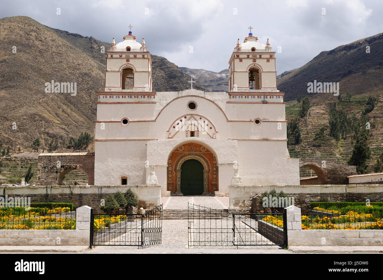 Colonial church on the main plaza in Lari. Colca canyon area. Stock Photo