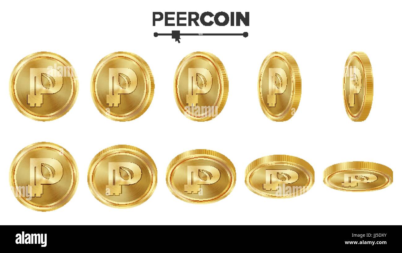 Peercoin 3D Gold Coins Vector Set. Realistic. Flip Different Angles ...