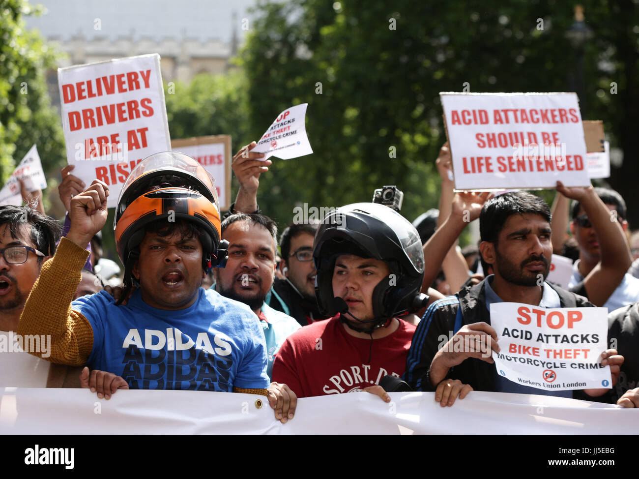 Food delivery riders demonstrate in Parliament Square following moped acid attacks after five separate male victims were targeted by two moped-riding attackers in the north and east of the capital on Thursday night. Stock Photo