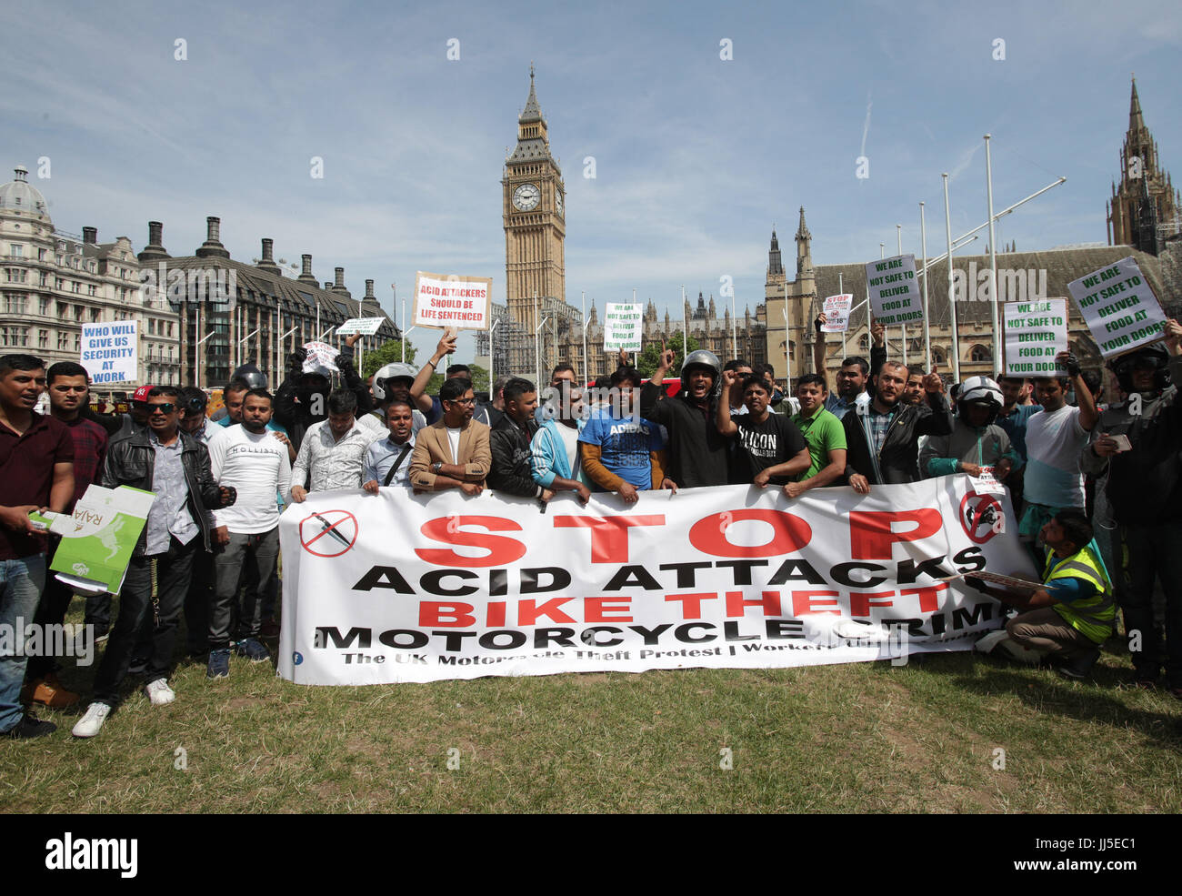 Food delivery riders demonstrate in Parliament Square following moped acid attacks after five separate male victims were targeted by two moped-riding attackers in the north and east of the capital on Thursday night. Stock Photo