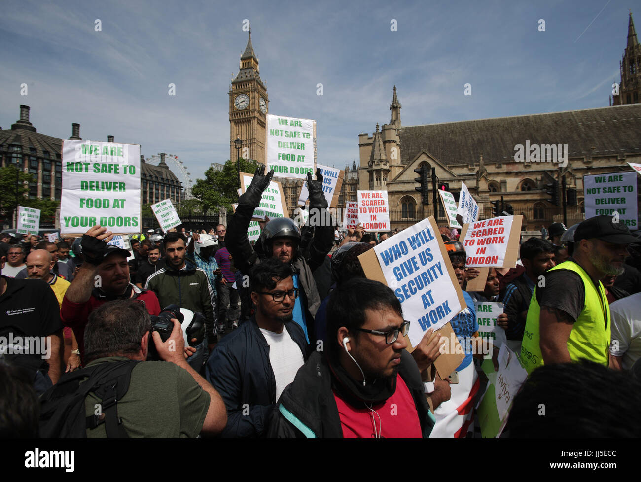 Food delivery riders demonstrate in Parliament Square following moped acid attacks after five separate male victims were targeted by two moped-riding attackers in the north and east of the capital on Thursday night. Stock Photo