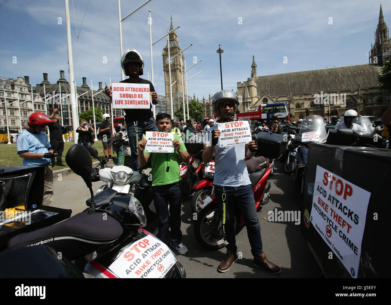 Food delivery riders demonstrate in Parliament Square following moped acid attacks after five separate male victims were targeted by two moped-riding attackers in the north and east of the capital on Thursday night. Stock Photo