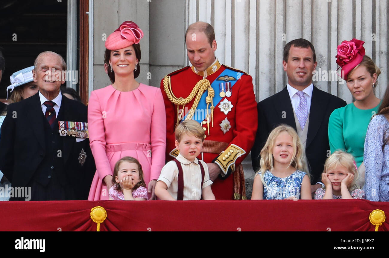 Queen Elizabeth, accompanied by other members of the Royal Family attend Trooping the Colour, marking her official birthday.  Featuring: Catherine Duchess of Cambridge, Kate Middleton, Prince William Duke of Cambridge, Prince George, Princess Charlotte, Prince Philip Duke of Edinburgh, Peter Phillips, Autumn Phillips, Isla Phillips, Savannah Phillips Where: London, United Kingdom When: 17 Jun 2017 Credit: John Rainford/WENN.com Stock Photo