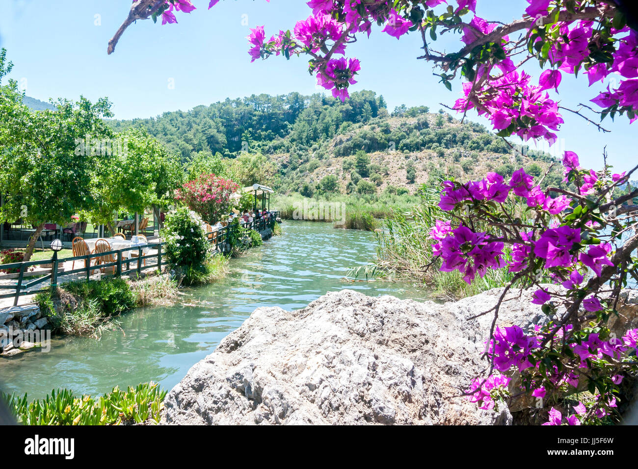 Restaurant by the Çayı River that leads to the town of Dalyan, Turkey Stock Photo