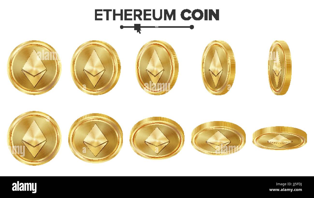Ethereum Coin 3D Gold Coins Vector Set. Realistic. Flip Different ...