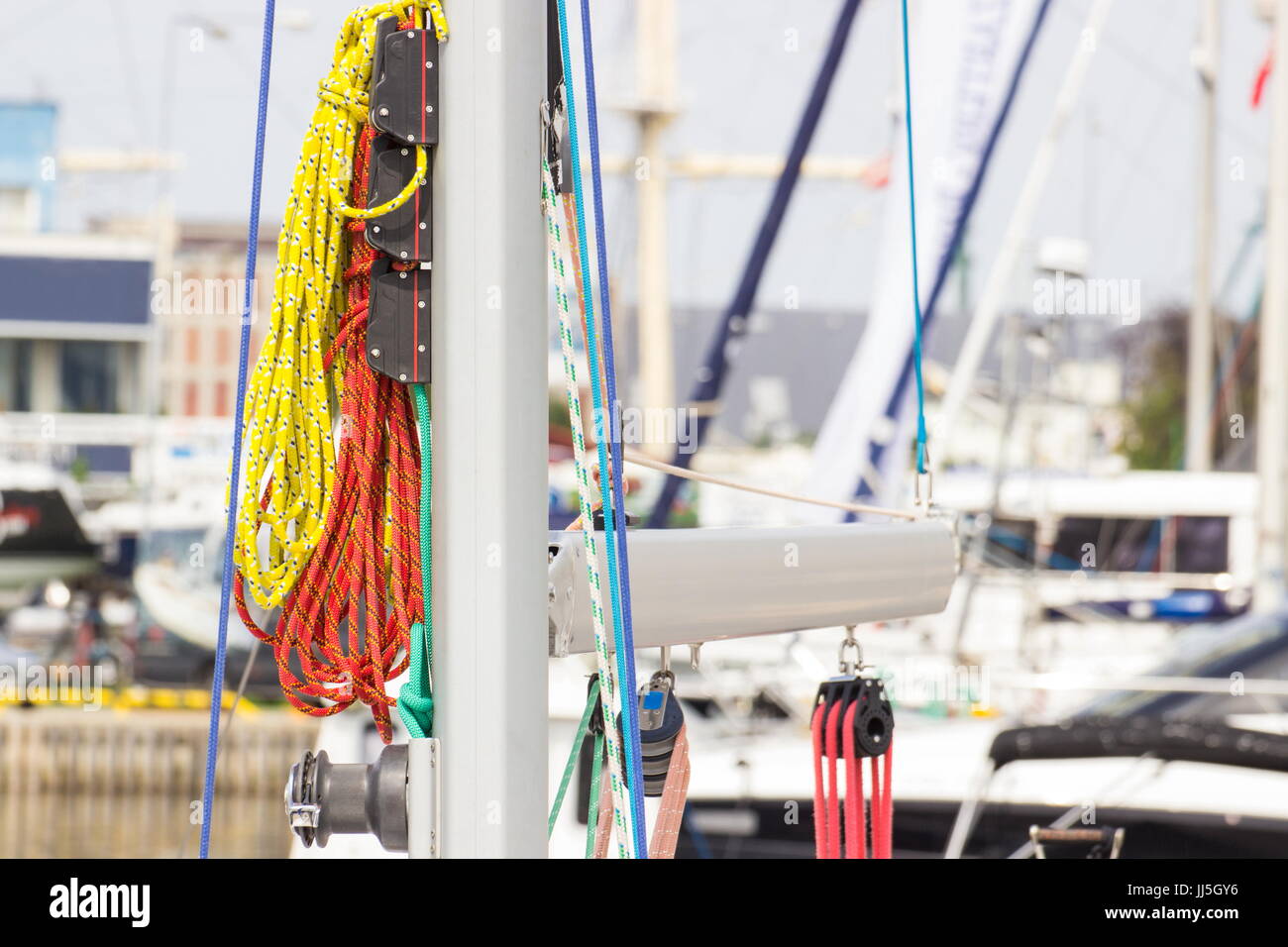 Parts and detail of sail, sailboat or yacht in port of sailing Stock ...