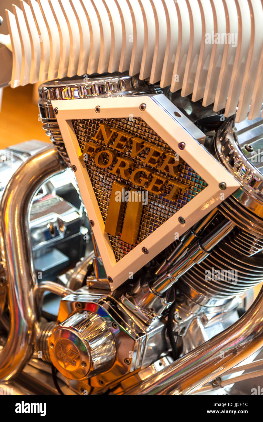 Close up of Never Forget motor cycle at Ground Zero Stock Photo