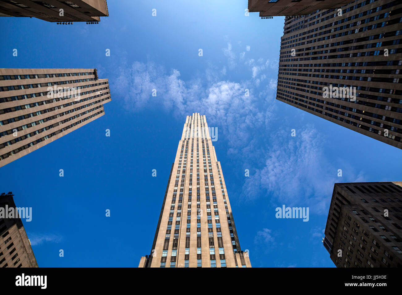 Looking up at some of the 19 high-rise buildings of the Rockefeller Center in midtown Manhattan, New York City declared a National Historic Landmark Stock Photo