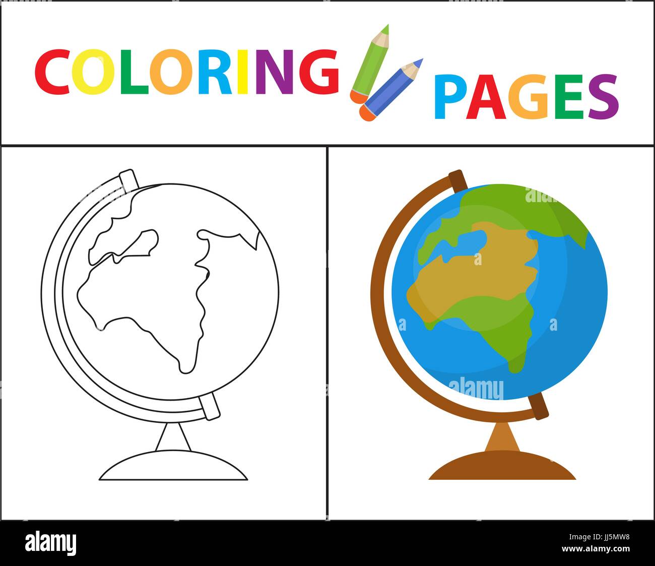 Coloring book page. Globe. Sketch outline and color version. Coloring