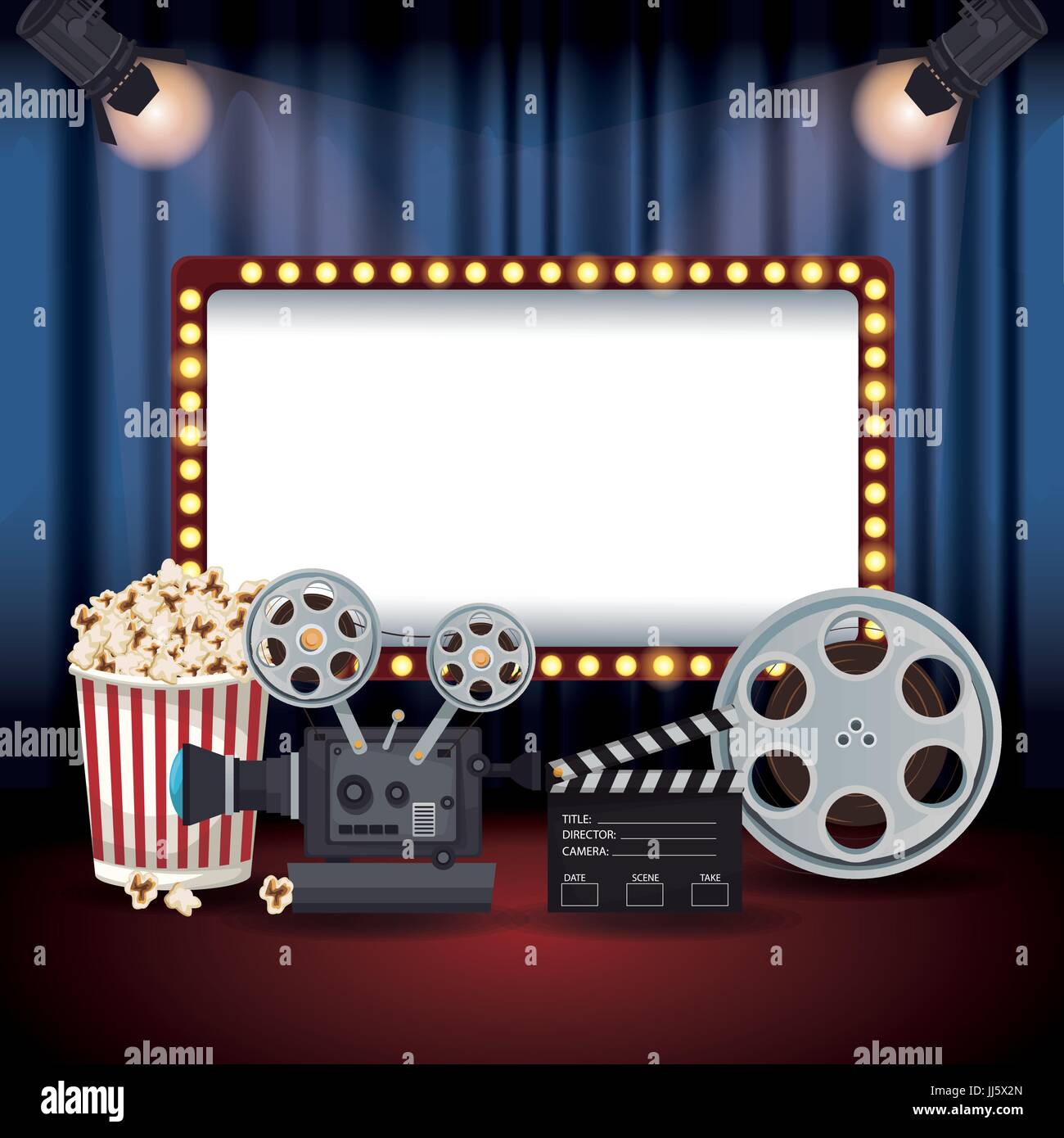 color background stage cinema curtain with spotlights and billboard banner  with elements film movie Stock Vector Image & Art - Alamy