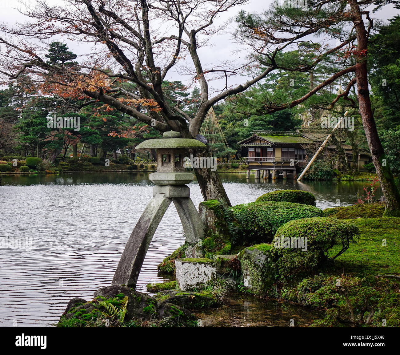 Famous stone lantern, Kotojitoro, in Kenrokuen garden, Kanawaza