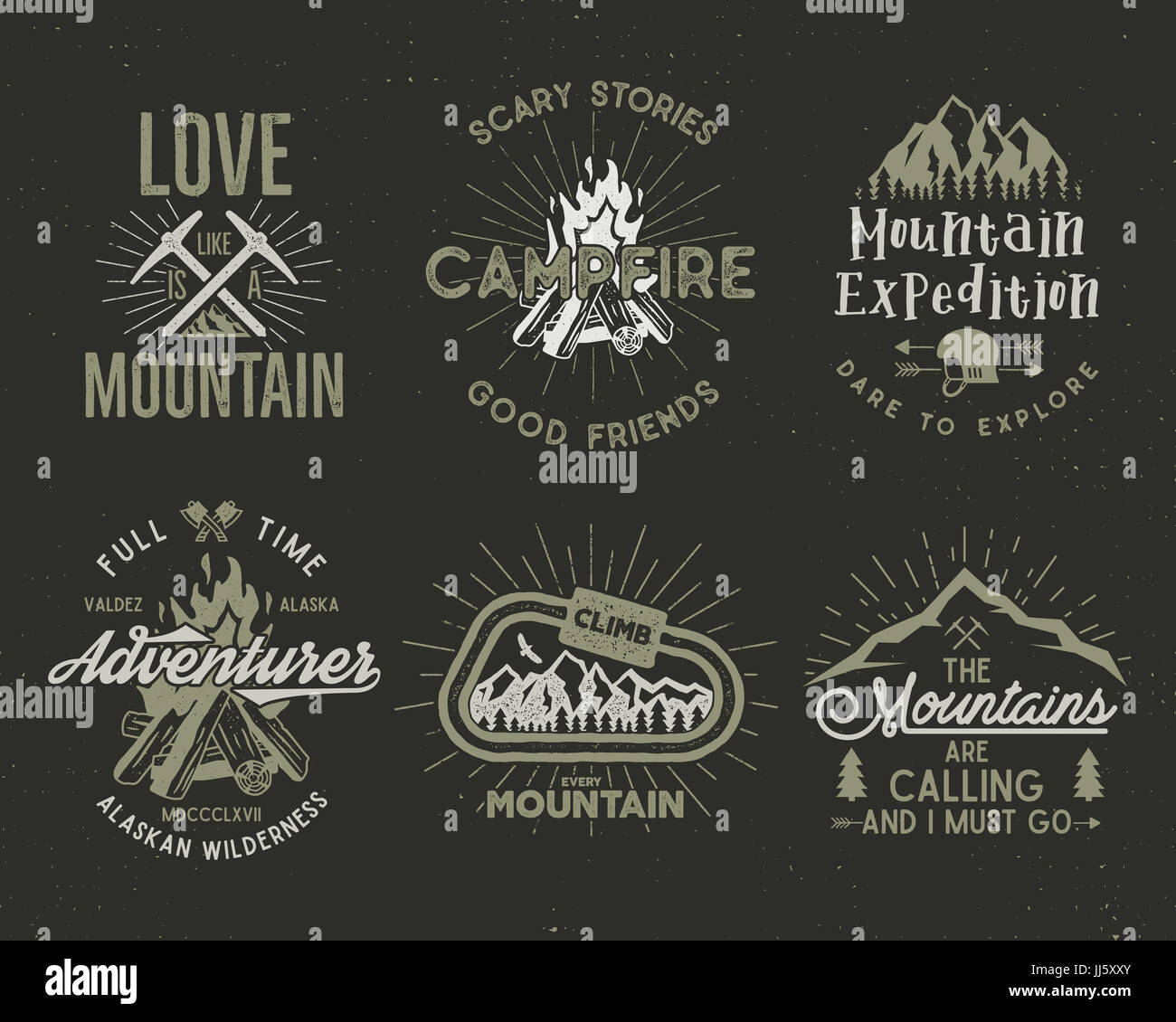 Set of mountain and scouting badges. Climbing labels, mountains expedition emblems, vintage hiking silhouettes logos and design elements. retro letterpress style isolated Stock Photo