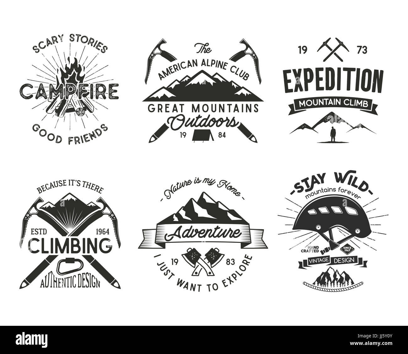 Vintage mountaineering badges set. Climbing logo, vintage emblems