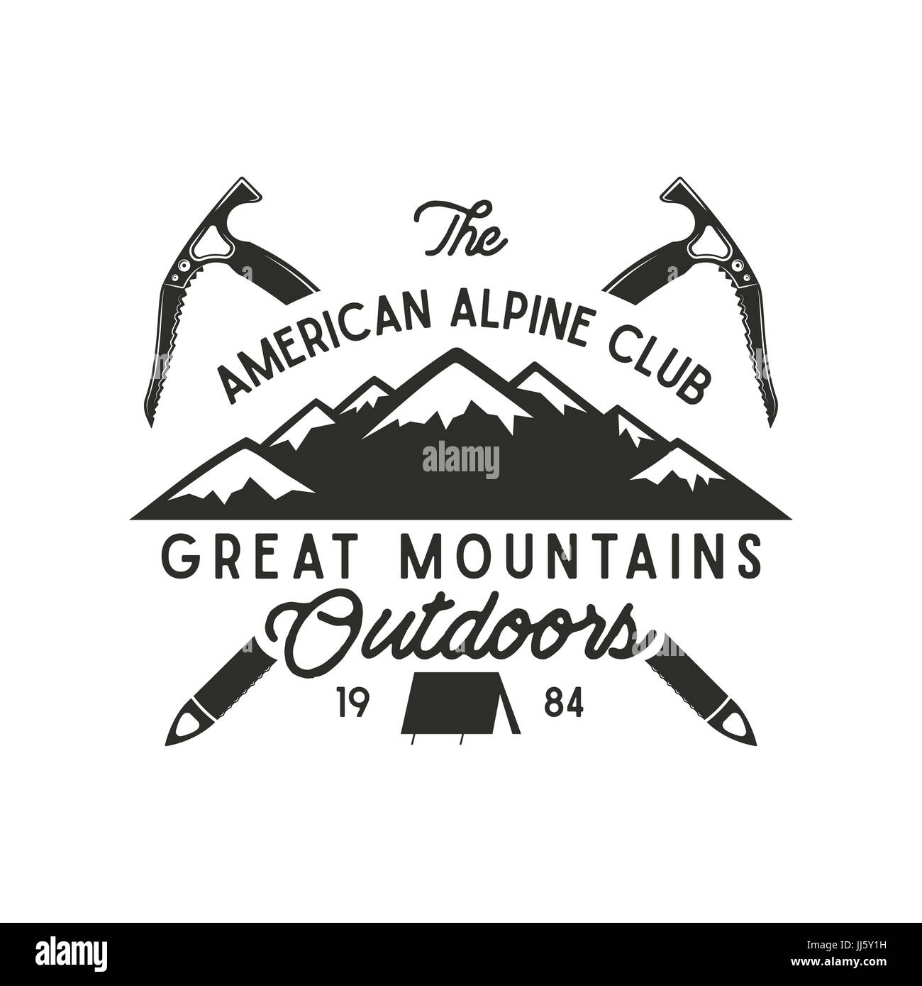 Climbing t-shirt design. Hand drawn vintage alpine label with texts,  silhouett mountain, climb equipment. Letterpress effect. hipster design  Stock Photo - Alamy