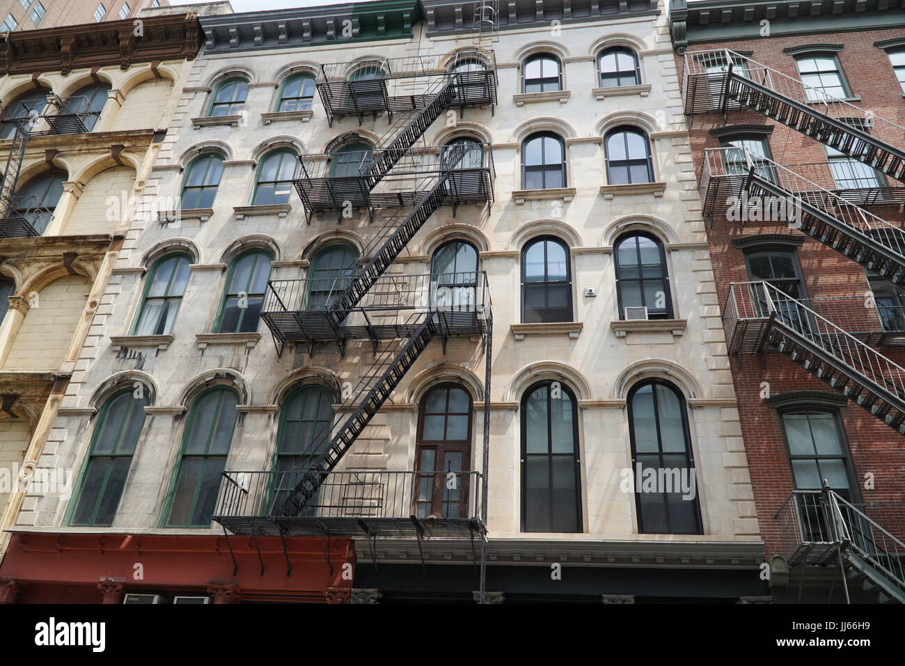 New York apartment building with exterior fire escape Stock Photo