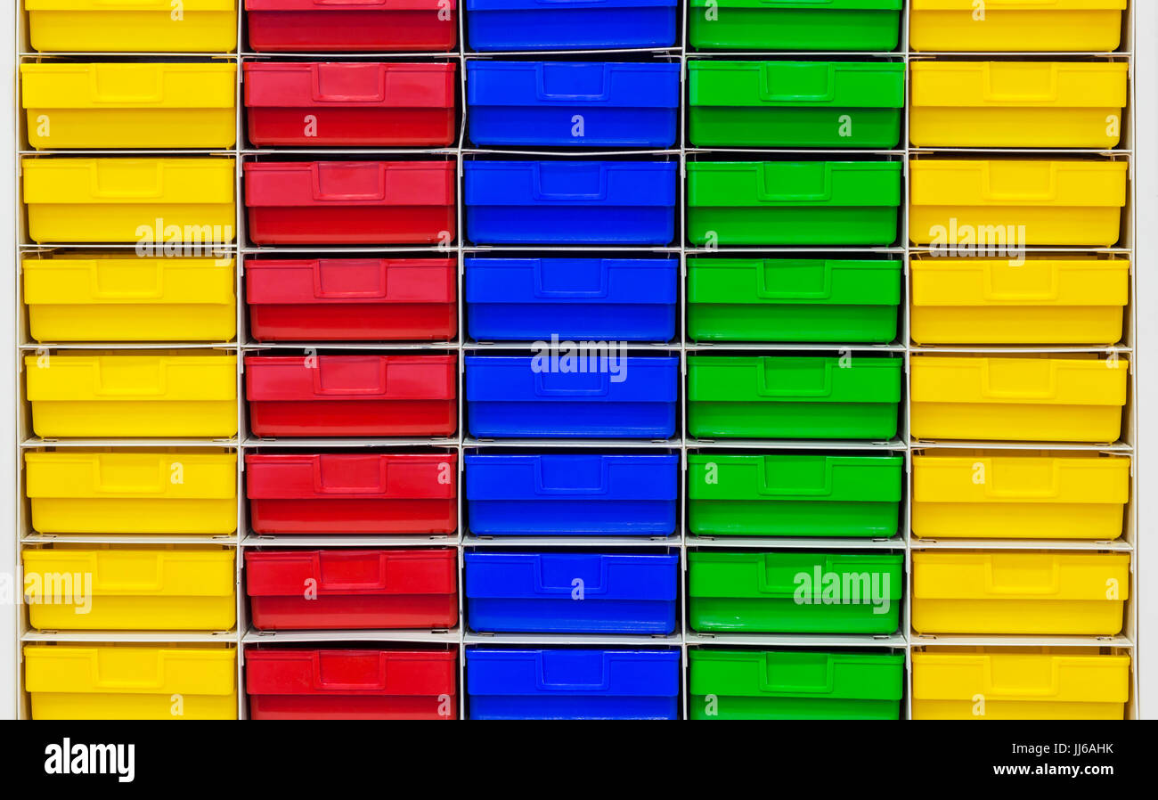 Colored Plastic Drawer Keeping Parts In Workshop Storage Facility