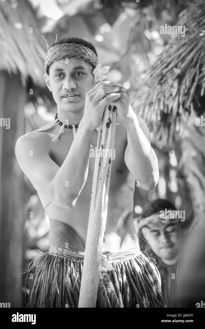 Honolulu, Hawaii - May 27, 2016:Close up black and white image of a Samoan Man at the Polynesian Cultural Center. Stock Photo