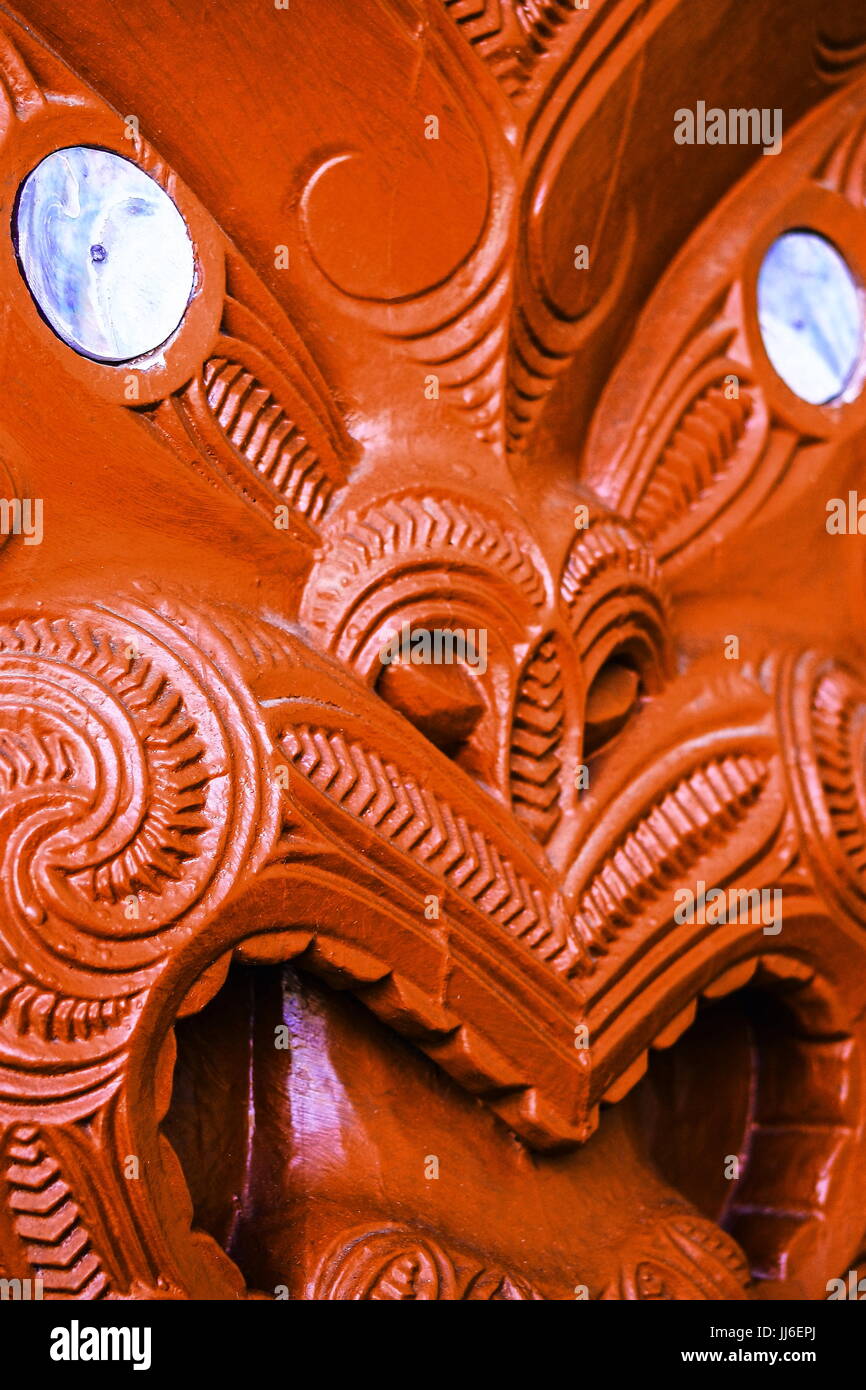 Honolulu, Hawaii - May 27, 2016:Close up image of Maori Carving inside the Aotearoa Village at the Polynesian Cultural Center. Stock Photo
