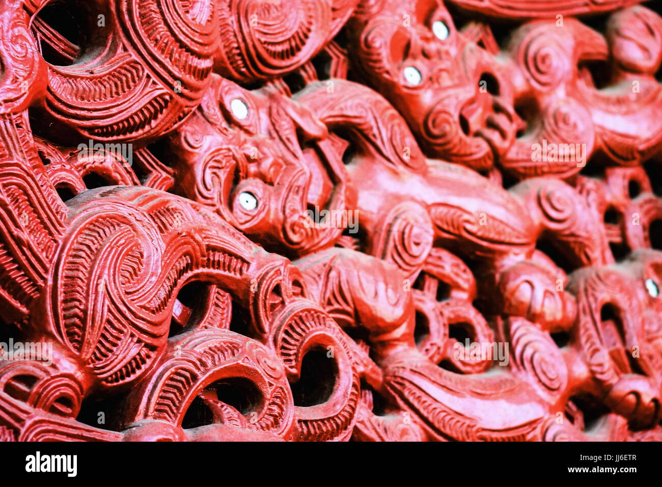 Honolulu, Hawaii - May 27, 2016:Close up image of Maori Carving inside the Aotearoa Village at the Polynesian Cultural Center. Stock Photo