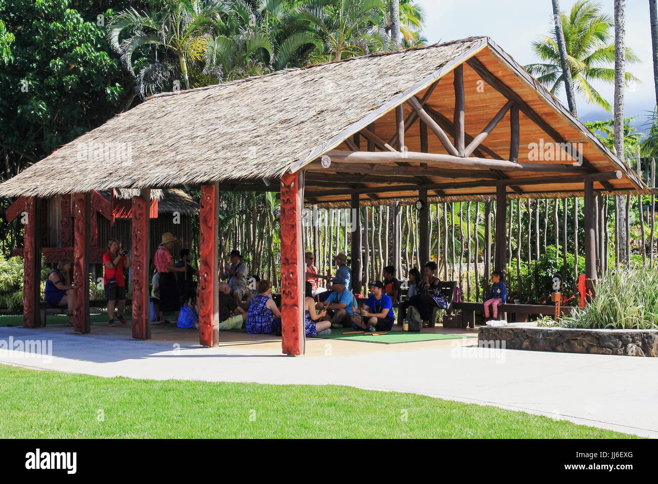 Honolulu, Hawaii - May 27, 2016:Visitors to the Polynesian Cultural Center engaging in traditional Maori songs and games in the Aotearoa Village. Stock Photo