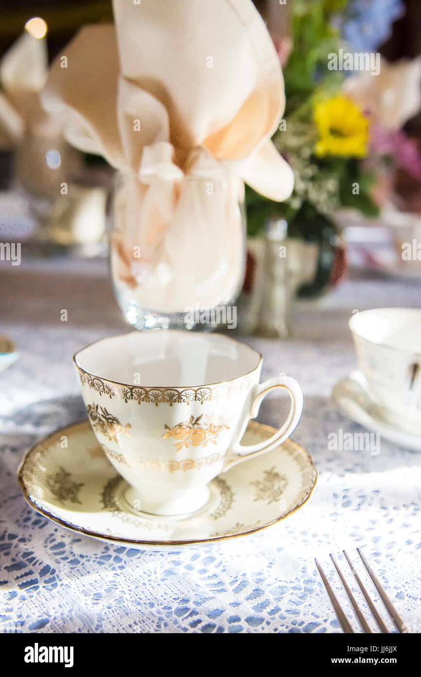 Tea Party Place Setting For Wedding Reception Tables Stock Photo