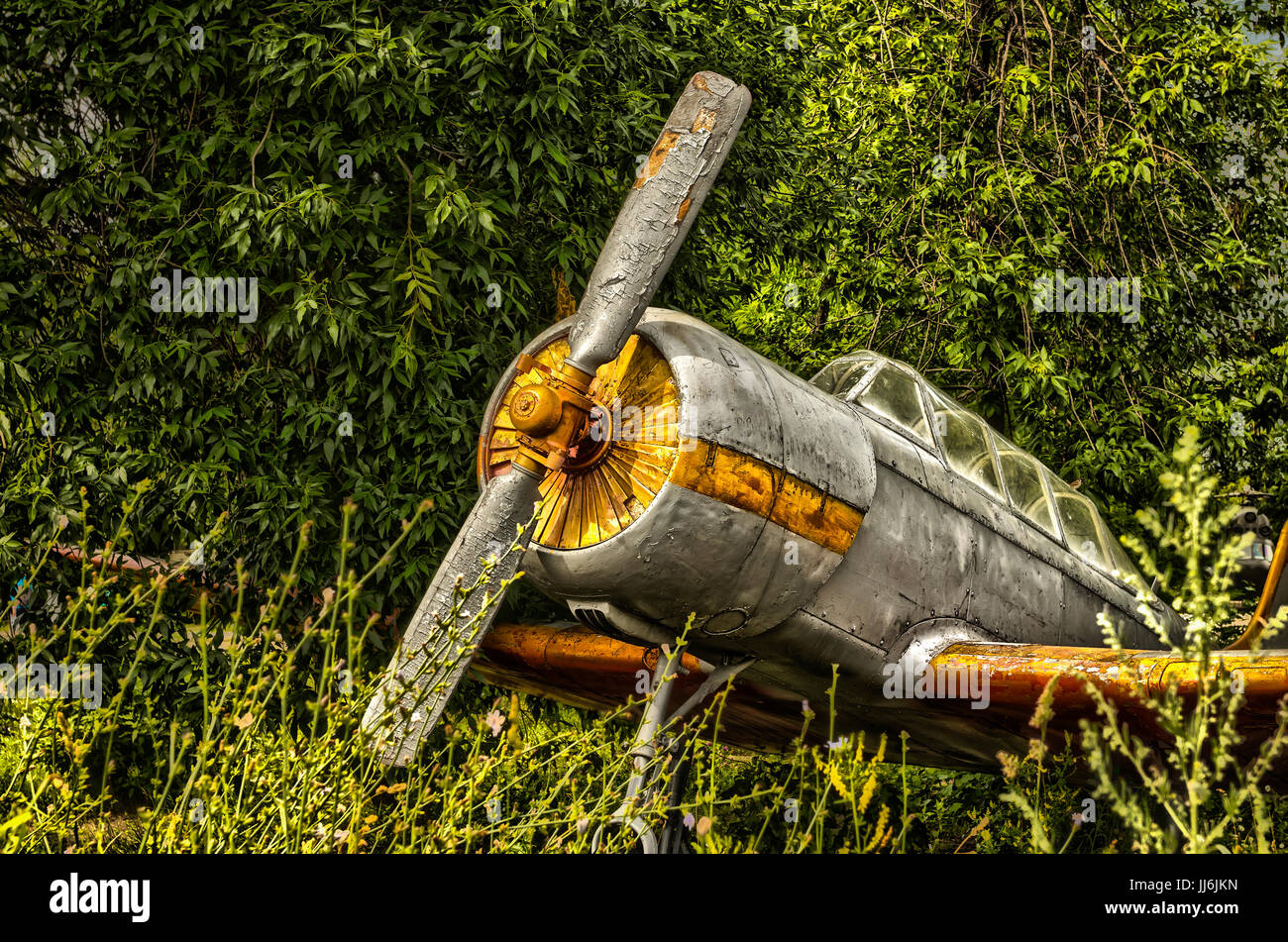 HDR foto of an old airplane on green grass and sunset background Stock ...