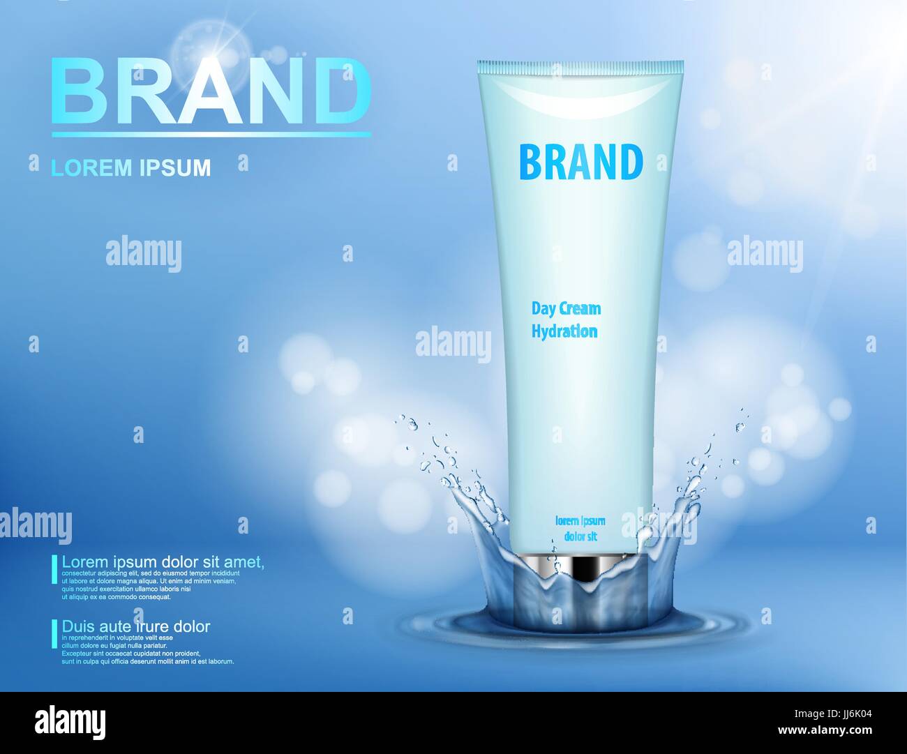 Cosmetic moisturizing brand product. Container with cream on blue background with water splash and soft bokeh. Realistic Cosmetic tube vector illustration Stock Vector