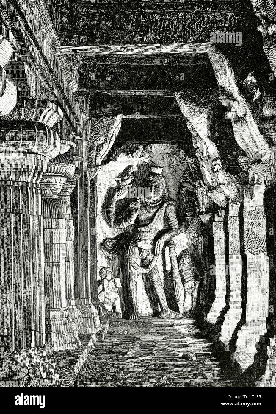 Hinduism. Relief depicting God Vishnu with lion's head in the Temple of Arisimba, India. Engraving by G. Treibmann. India, 1880. Stock Photo