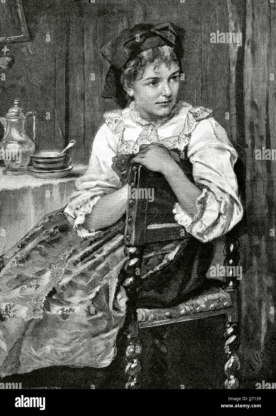 Regina. Engraving of BrendAmour after a painting by Benjamin Vautier (1829-1898). Almanac of the Illustration, 1887. Stock Photo