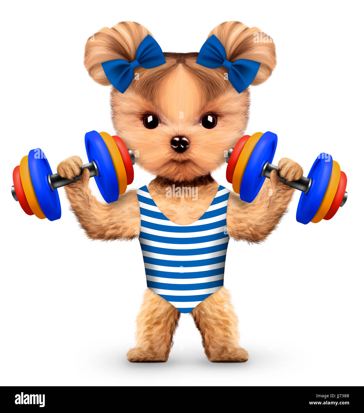 Funny dog training with dumbbell in sport gym Stock Photo