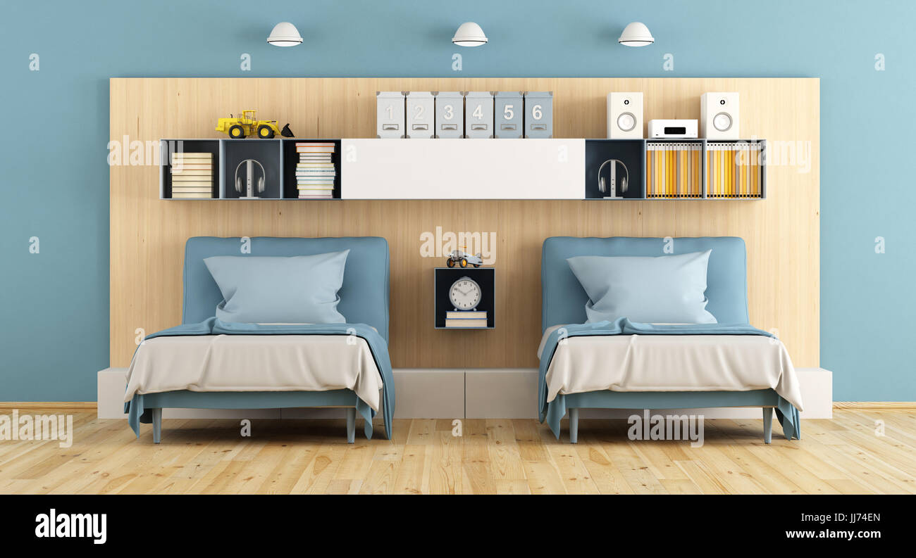 Teenage bedroom with two single bed, and shelf wooden panel wall -3d rendering Stock Photo