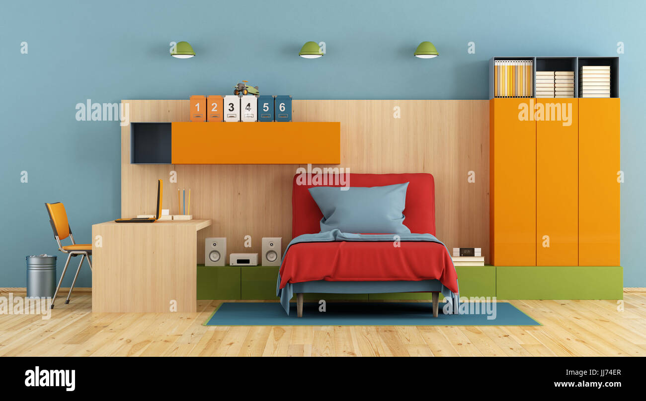 Teenage bedroom with single bed, desk,laptop and shelf on wooden panel-3d rendering Stock Photo