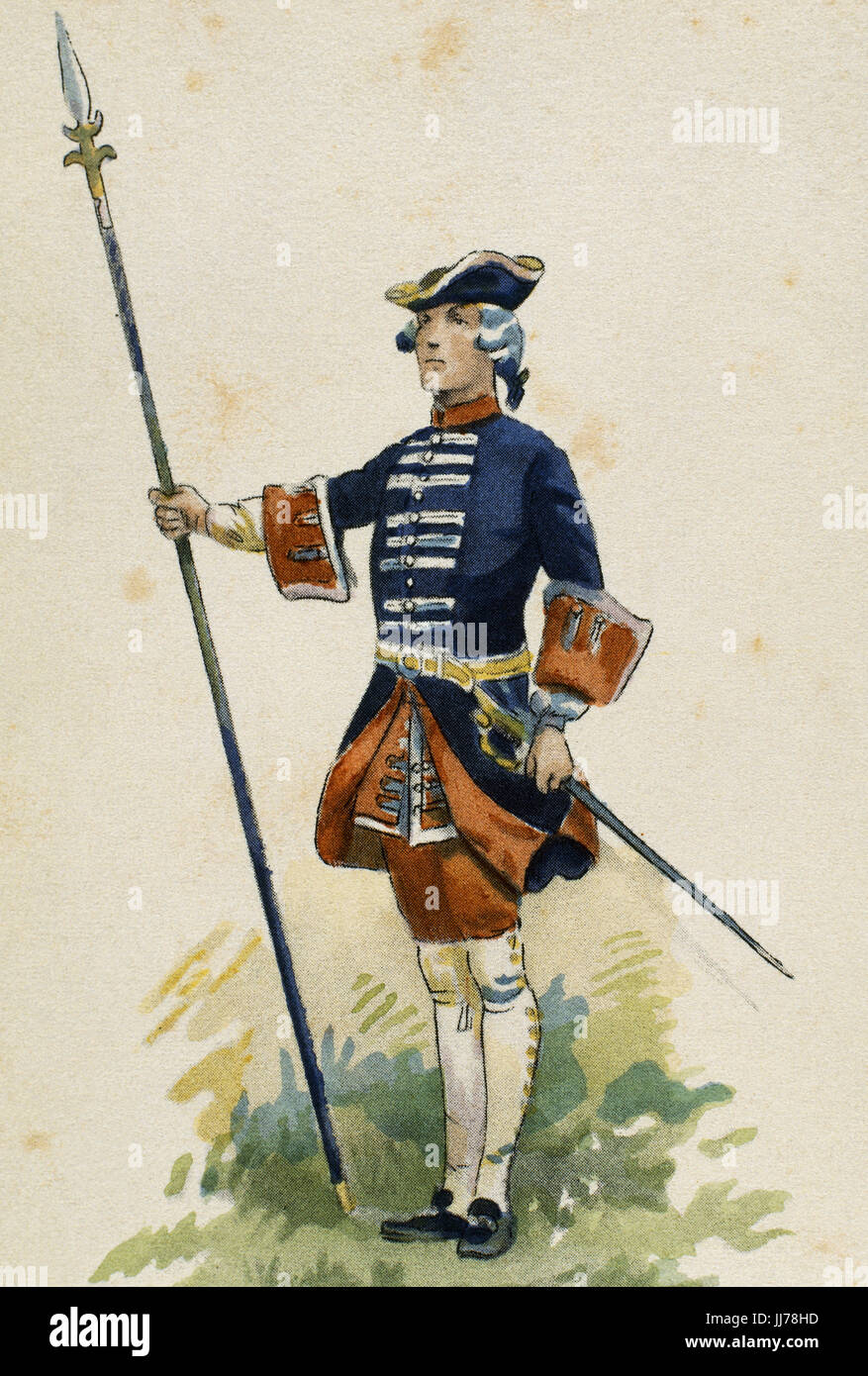 France. Military uniforms. 18th century. French guard of the king Louis XV. Engraving. Color. Stock Photo