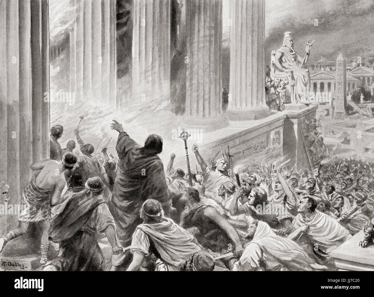 The burning of the library at Alexandria, Egypt in 391 AD. After the