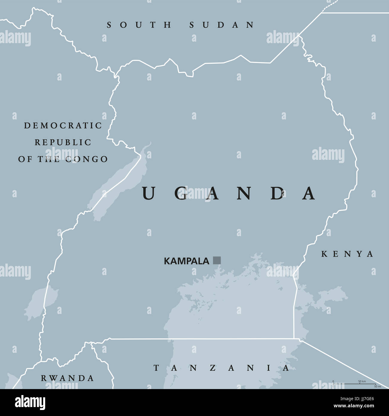 Uganda political map with capital Kampala. Republic in East Africa. Landlocked country in the African Great Lakes region. Stock Photo