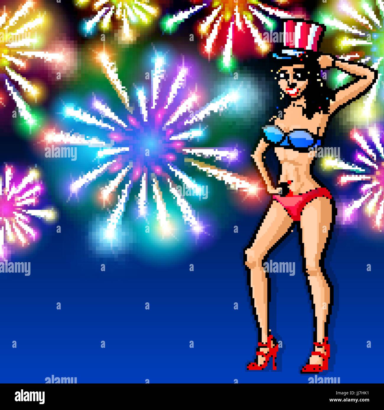 illustration of a girl celebrating Independence Day Vector Poster. 4th of July Lettering. American Red on Blue Background with Stars burst. firework a Stock Vector