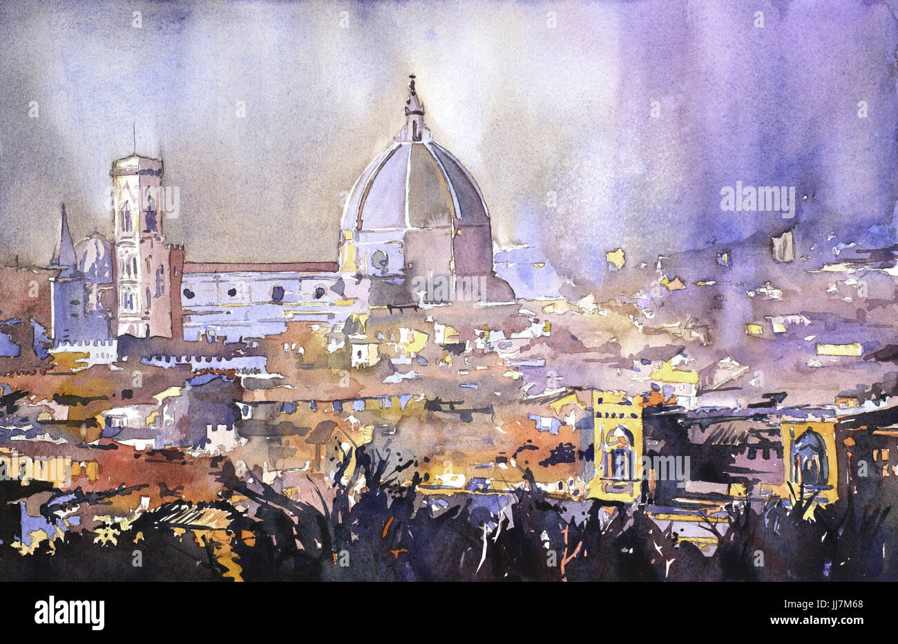 Watercolor painting of Duomo and cityscape of Florence, Italy as viewed