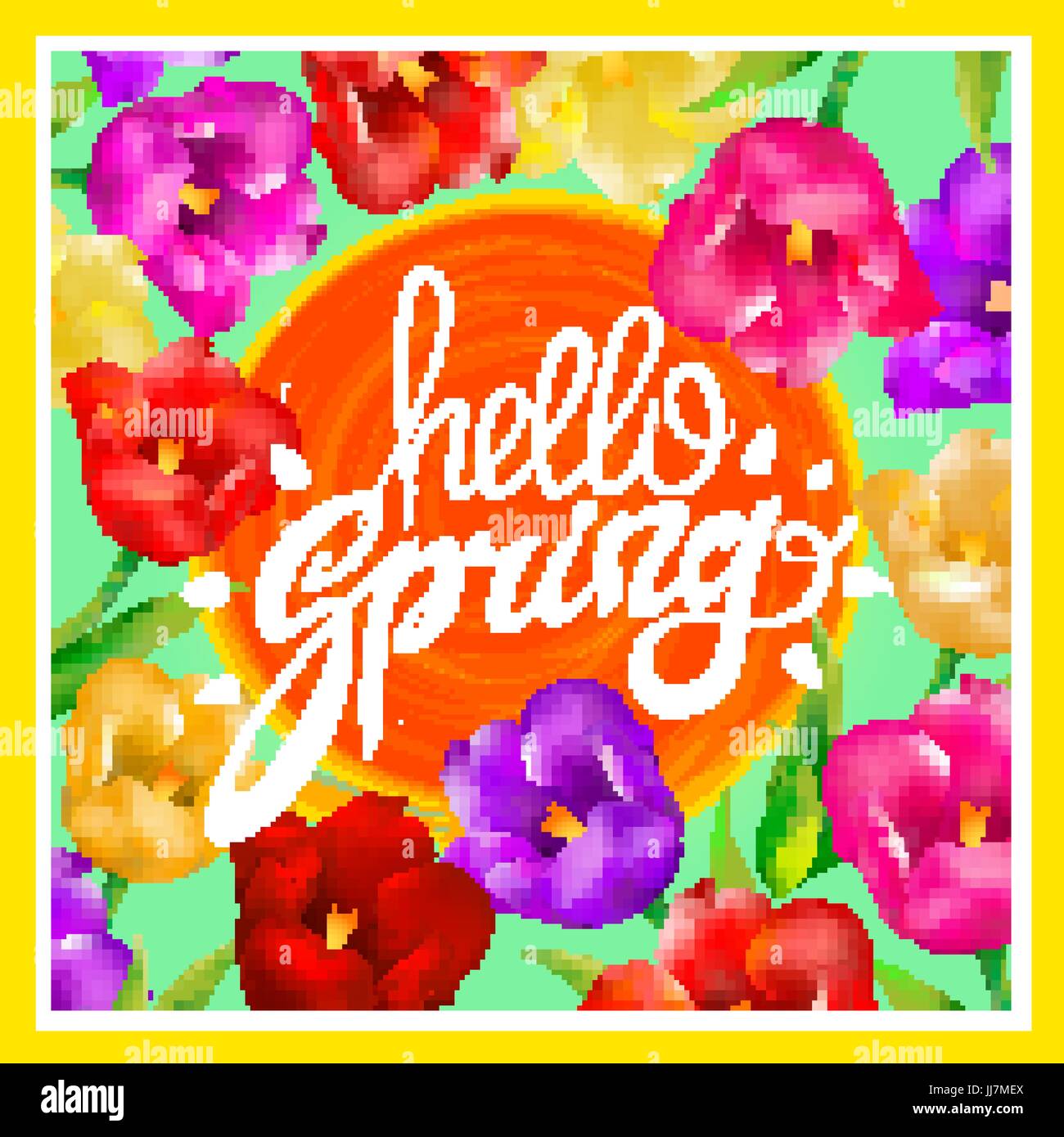 Hello Spring. Vector illustration with bright colorful tulips. A circle ...
