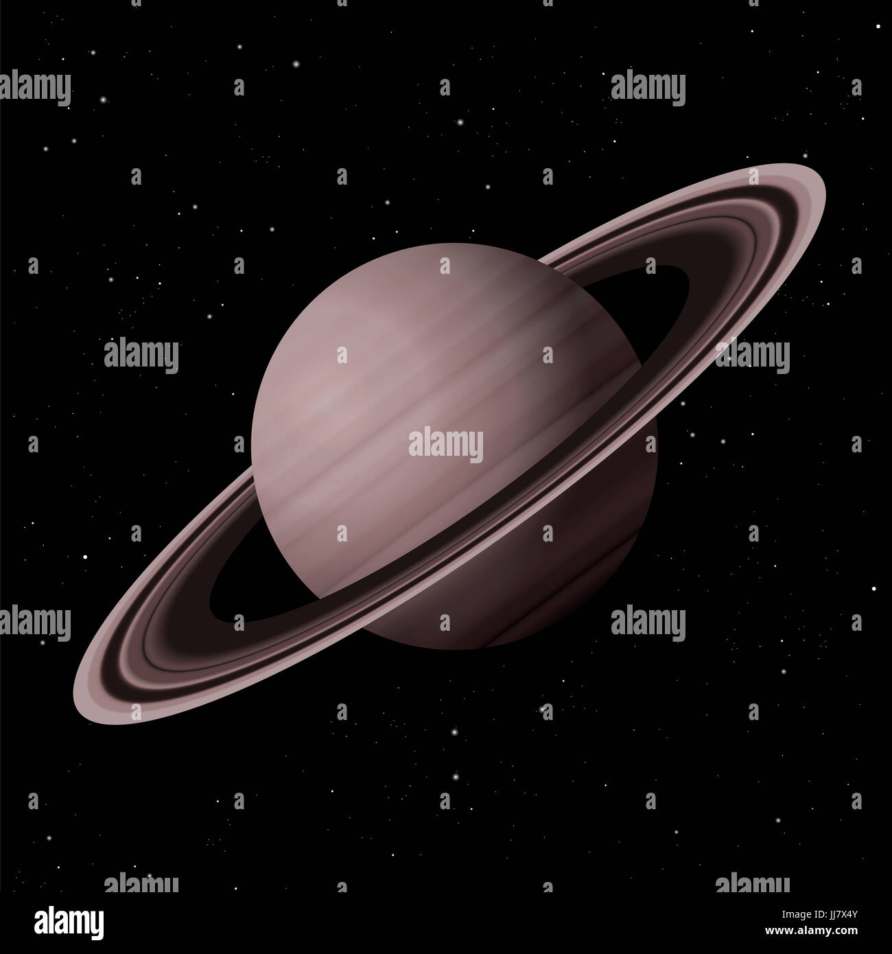 Saturn with typical rings - second largest planet in the Solar System - illustration on starry night galaxy black background. Stock Photo