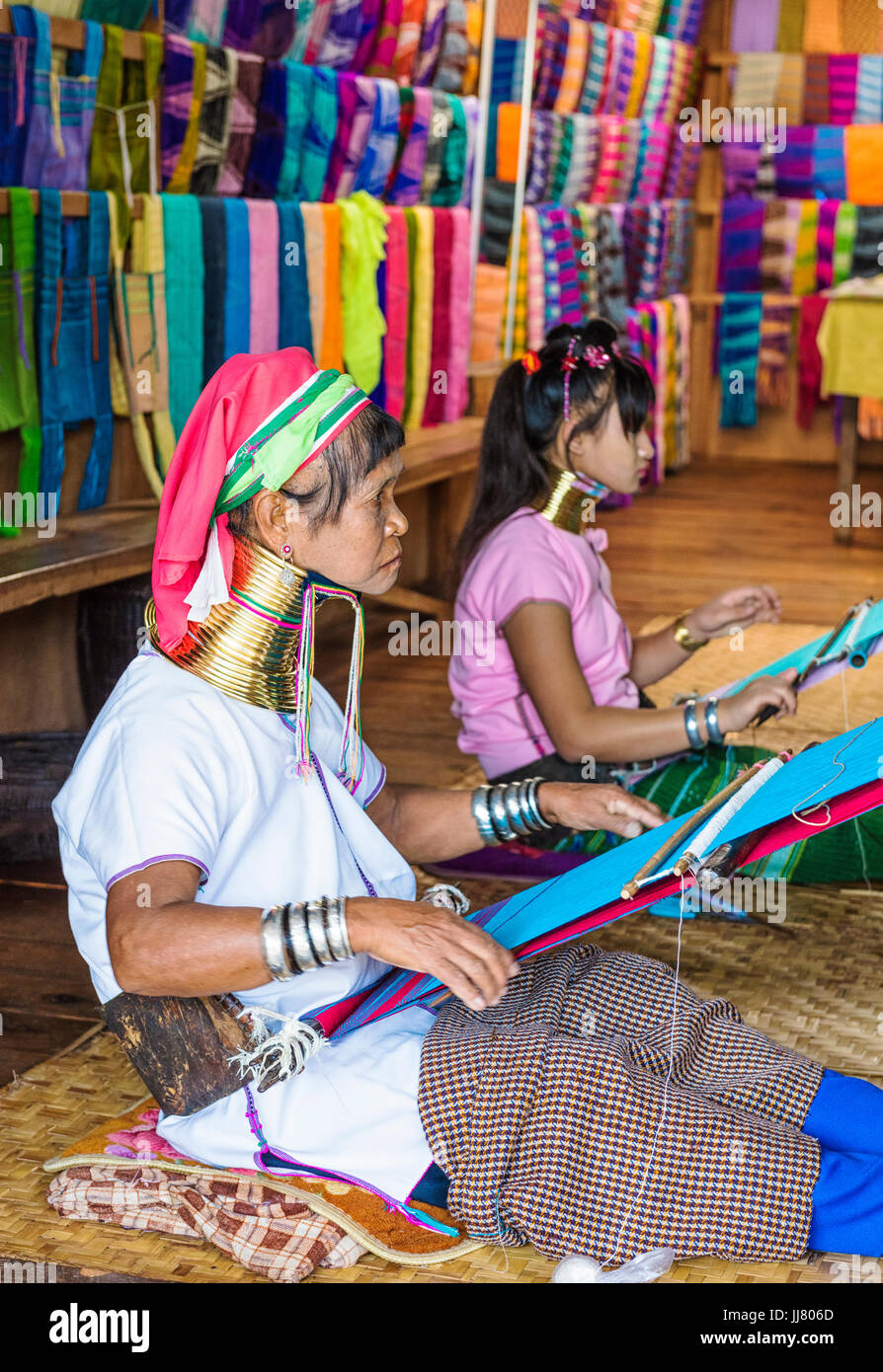 Women from Padaung tribe (the group in which women wear the brass neck coils), Inle Lake, Shan State, Myanmar Stock Photo
