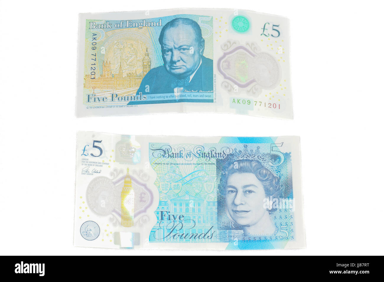 The newly introduced currency of the United Kingdom - The polymer five pound (£5) note with features more measures against counterfitters featuring Wi Stock Photo