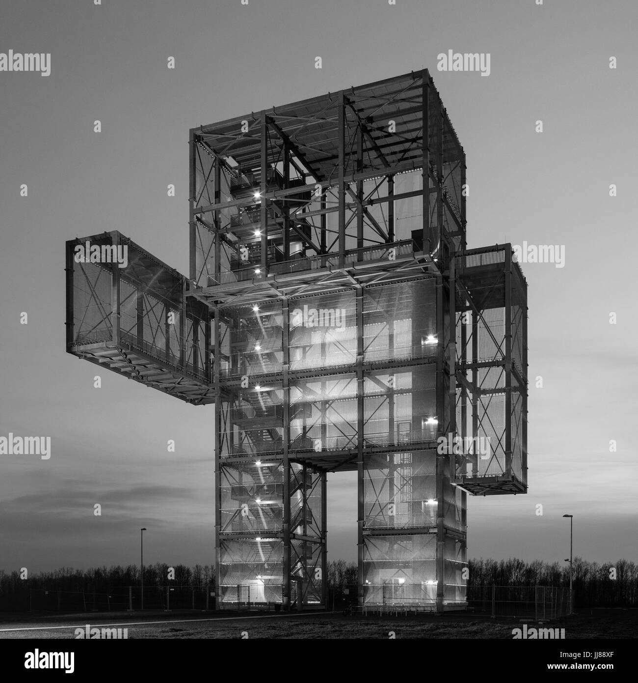 Europe, Germany, North Rhine-Westphalia, the illuminated Indemann near the village Lucherberg in the district Dueren east of the city of Aachen on top Stock Photo