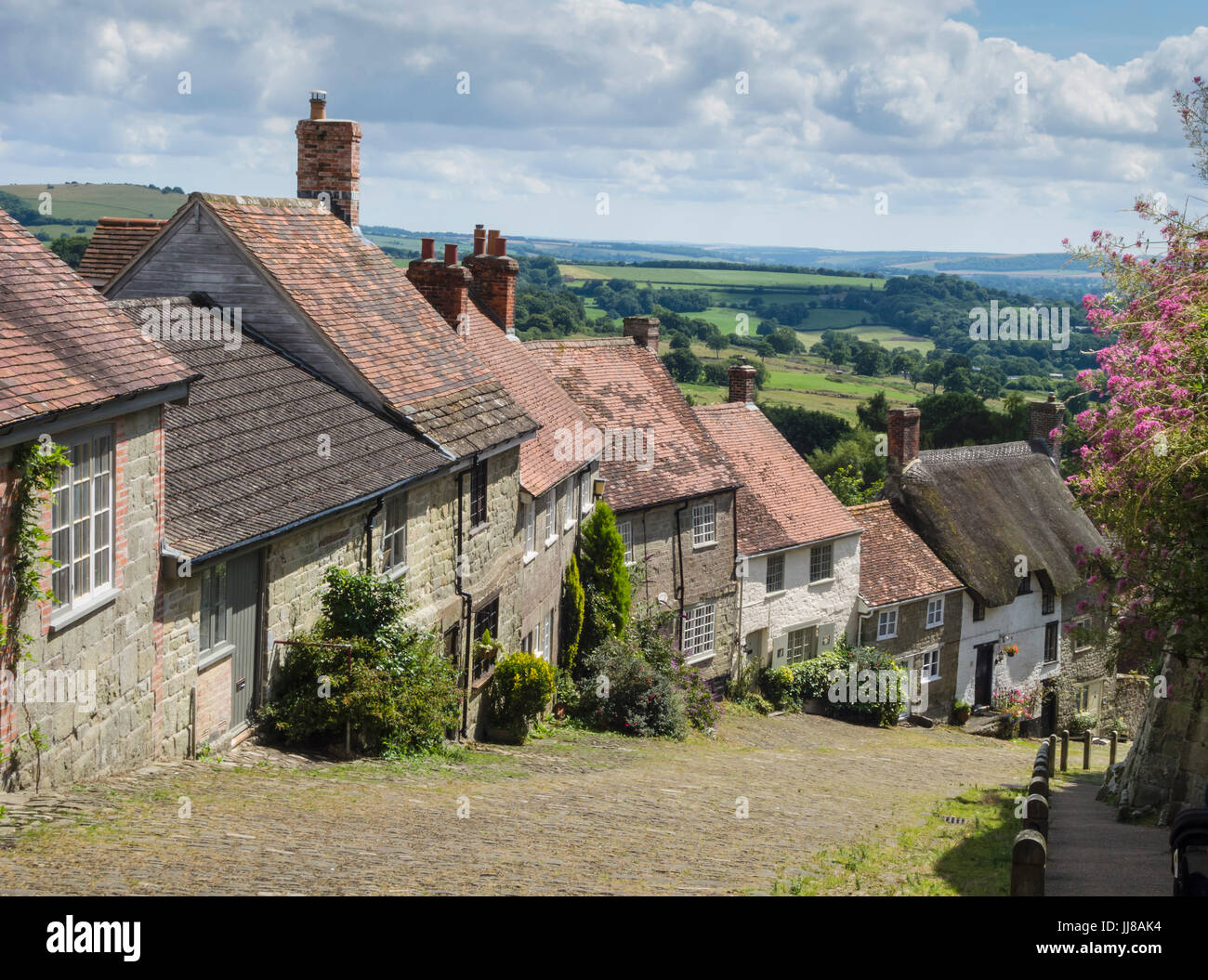 Gold Hill, a scenic, well known view from the top in Shaftesbury, Dorset, UK Stock Photo