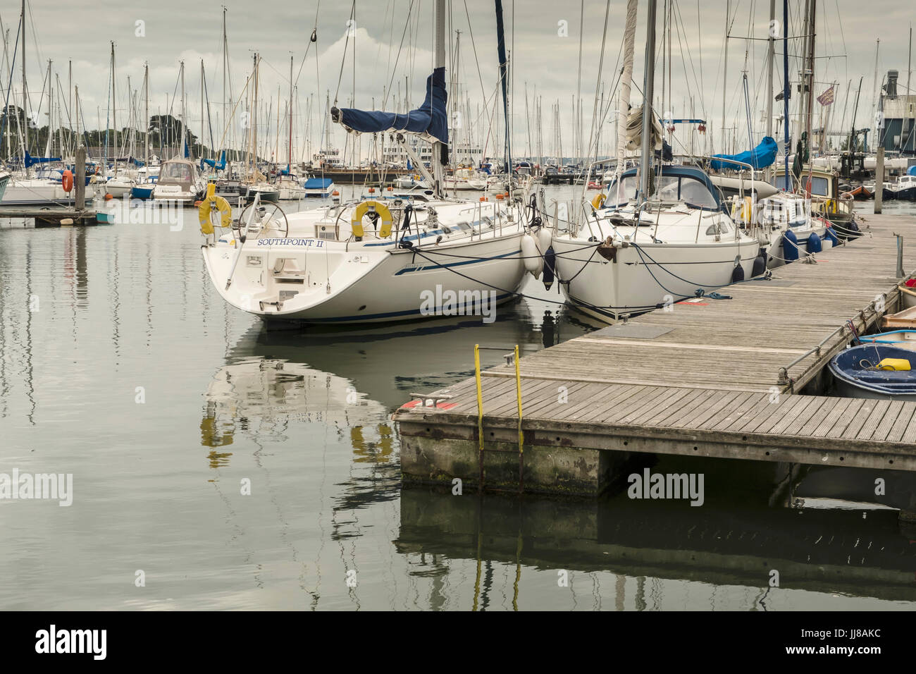 Lymington Harbour, with view of boats, yachts and mooring pontoons
