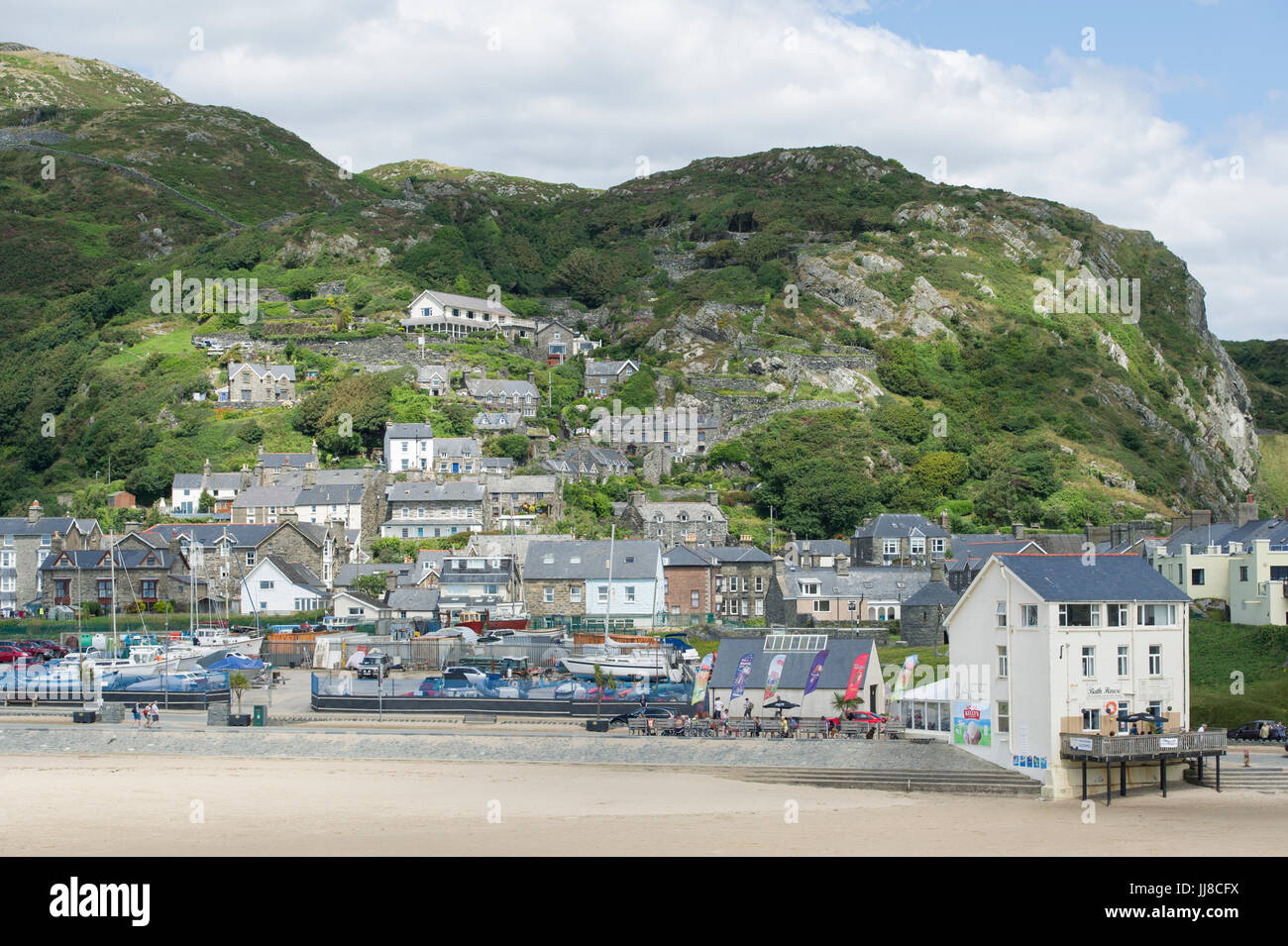 A view of the town and beach at the seaside town of Barmouth in Wales Stock Photo