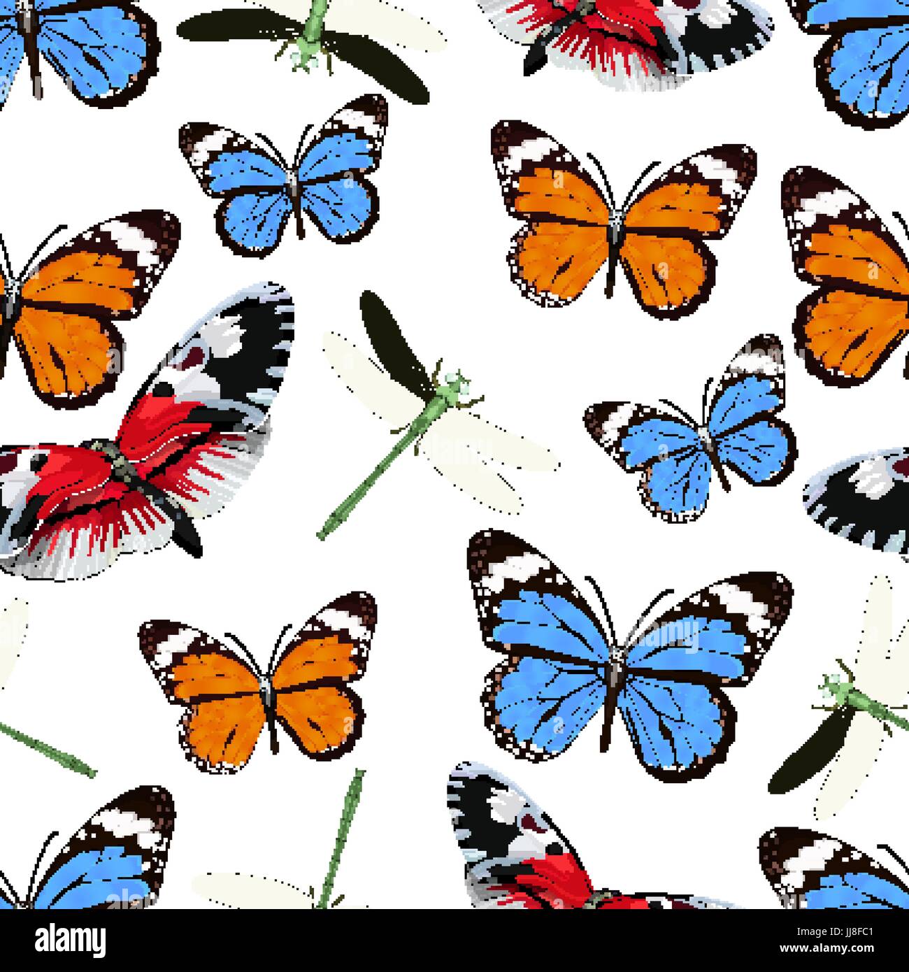 Butterflies and dragonflies seamless pattern, vector background. Bright multicolored insects on
