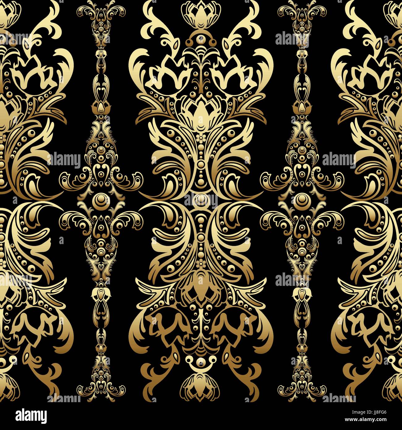 Gold damask floral seamless pattern with arabesque, oriental ornament, luxury design. Abstract traditional decor for backgrounds with natural motifs,  Stock Vector